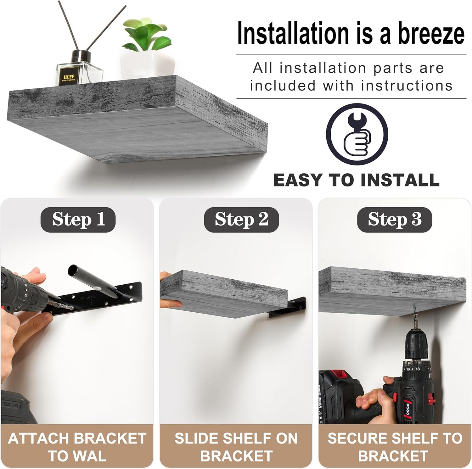 Sorbus 9.25"x9.25" Grey Floating Shelves for Wall Decor (Set of 3)