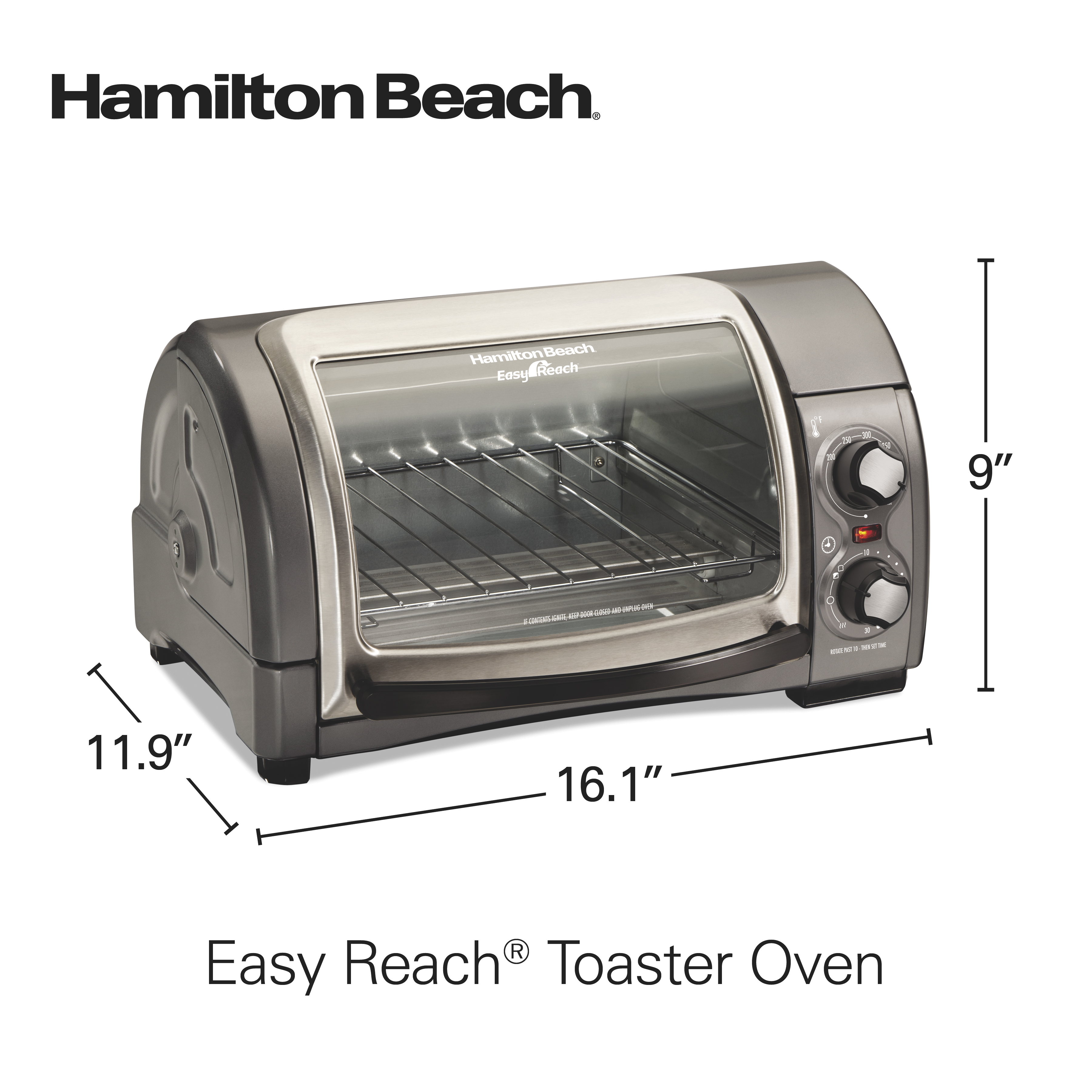 Hamilton Beach Easy Reach 4-Slice Countertop Toaster Oven With Roll-Top Door, 1200 Watts, Fits 9” Pizza, 3 Cooking Functions for Bake, Broil and Toast, Silver, 31334D - image 5 of 9
