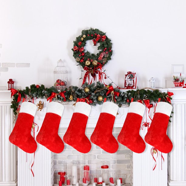 Ccinee Medias navideñas rojas, paquete de 6, medias grandes de 18 pulgadas con puño de felpa, medias navideñas clásicas, decoraciones para regalos de fiesta de Navidad, decoración de chimenea