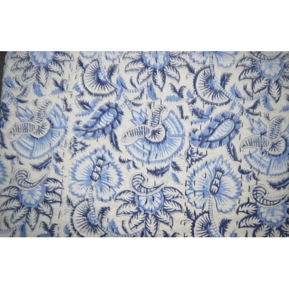 Handmade Blue Floral Block Print Kantha Quilt Cotton Indian Bedspread Hand Stitched Lightweight Boho Bedding Twin Queen King Sizes