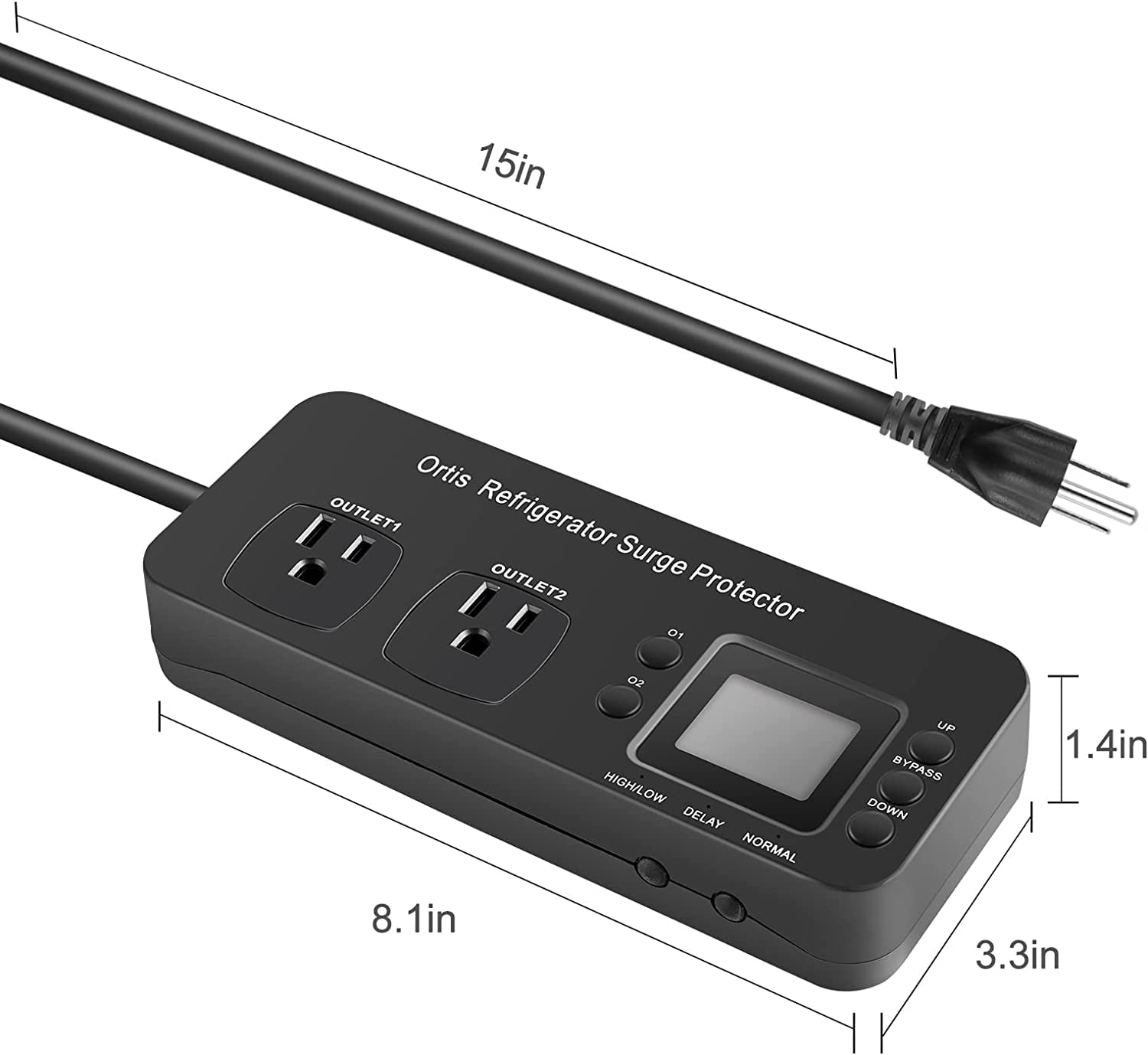 Ortis Refrigerator 2-Outlet Surge Protector, Black