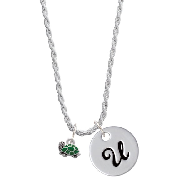 Delight Jewelry Silvertone Mini Green Turtle - Side Silvertone Script Initial Disc - U - Charm Necklace, 20"+3"