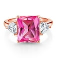 thumbnail image 2 of Gem Stone King 18K Rose Gold Plated Silver Pink Created Sapphire and White Moissanite 3 Stone Ring for Women (7.54 Cttw, Octagon 12X10MM, Trillion 5X5MM, Gemstone September Birthstone, Size 9), 2 of 3