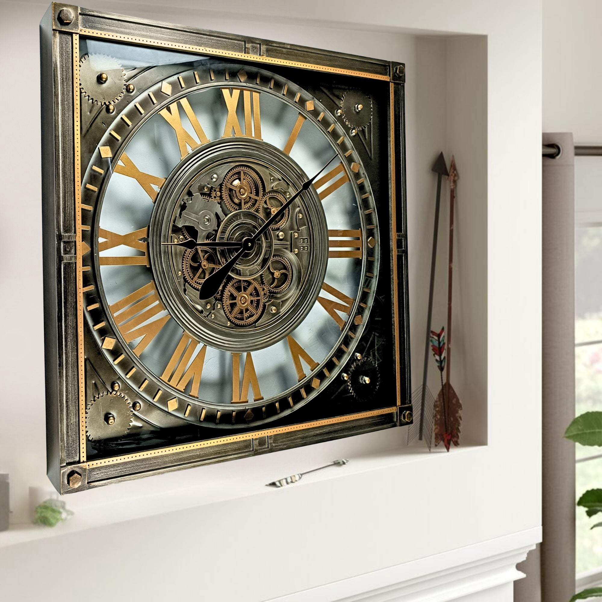 THE GEARS CLOCK Wall Clock with Real Moving Gears LU-LI_ 32 in Square SILVER-ANTIQUE
