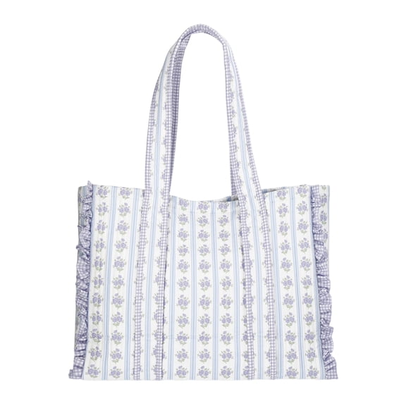 2026 Modern Women's Quilted Tote Bag with Classic Allover Print Design,Sky & Lilac Sea Floral/Gingham