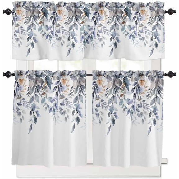Christmas Kitchen Curtains and Valances Set, Rod Pocket Curtains Tier Farmhouse Window Curtains 36 Inch Length, Blue Eucalyptus Leaves Flowers Farmhouse 3 Piece Kitchen Curtains Set