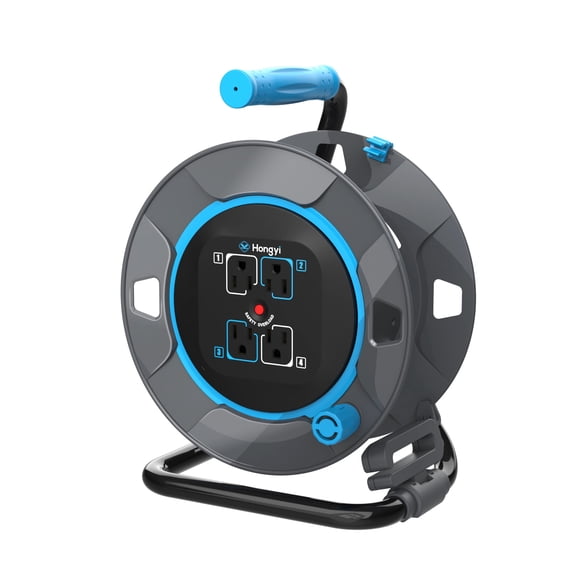 Hongyi Heavy Duty Cord Reel Empty, Portable Cord Reel Store with 4-Outlets, 9A Circuit Breaker, 125V/1125W,Blue