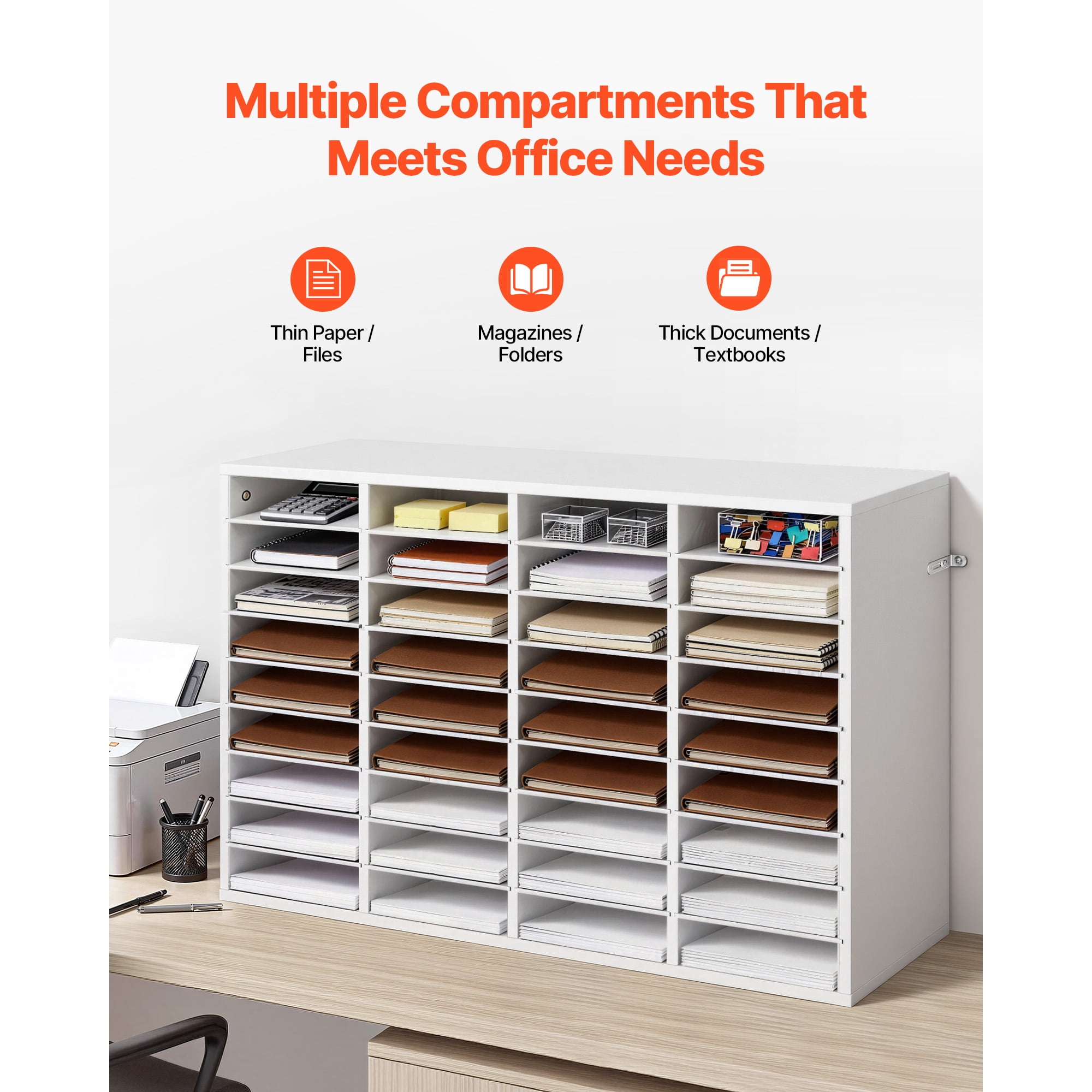 KFFKFF 36-Compartment Literature Organizer with Adjustable Shelves, Wooden Mail Sorter for Office and Home, Countertop Storage Solution for Files, Documents, and Papers, White
