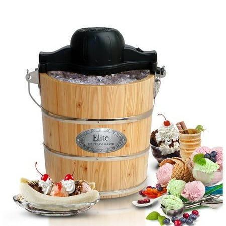 Maxi Matic Elite Gourmet 4 qt Old Fashioned Pine Bucket Electric Manual Ice Cream Maker, Wood