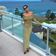thumbnail image 5 of Women'S Mesh Off Shoulder Dress Elegant Sheer See Through Long Sleeve Ruched Bodycon Maxi Dresses Green S, 5 of 9