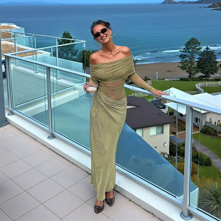 Women'S Mesh Off Shoulder Dress Elegant Sheer See Through Long Sleeve  Ruched Bodycon Maxi Dresses Green L - Walmart.com