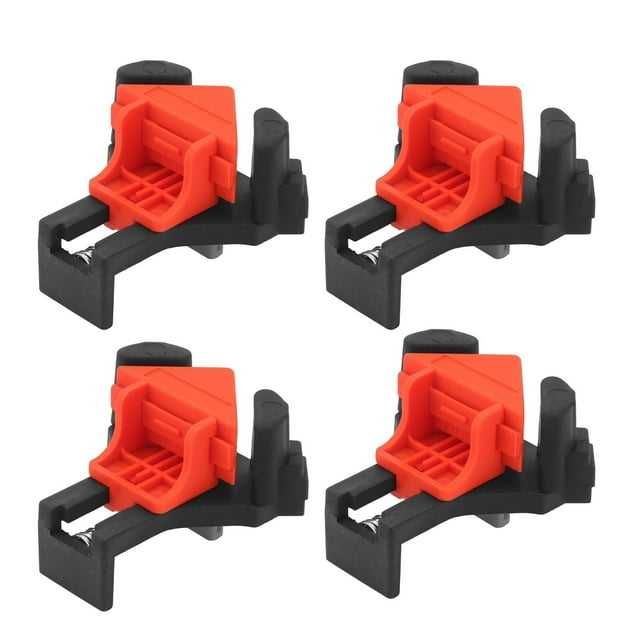 Juego de 4 abrazaderas de esquina a 90° para carpintería, herramientas manuales con resorte, color negro y rojo, material ABS y acero.