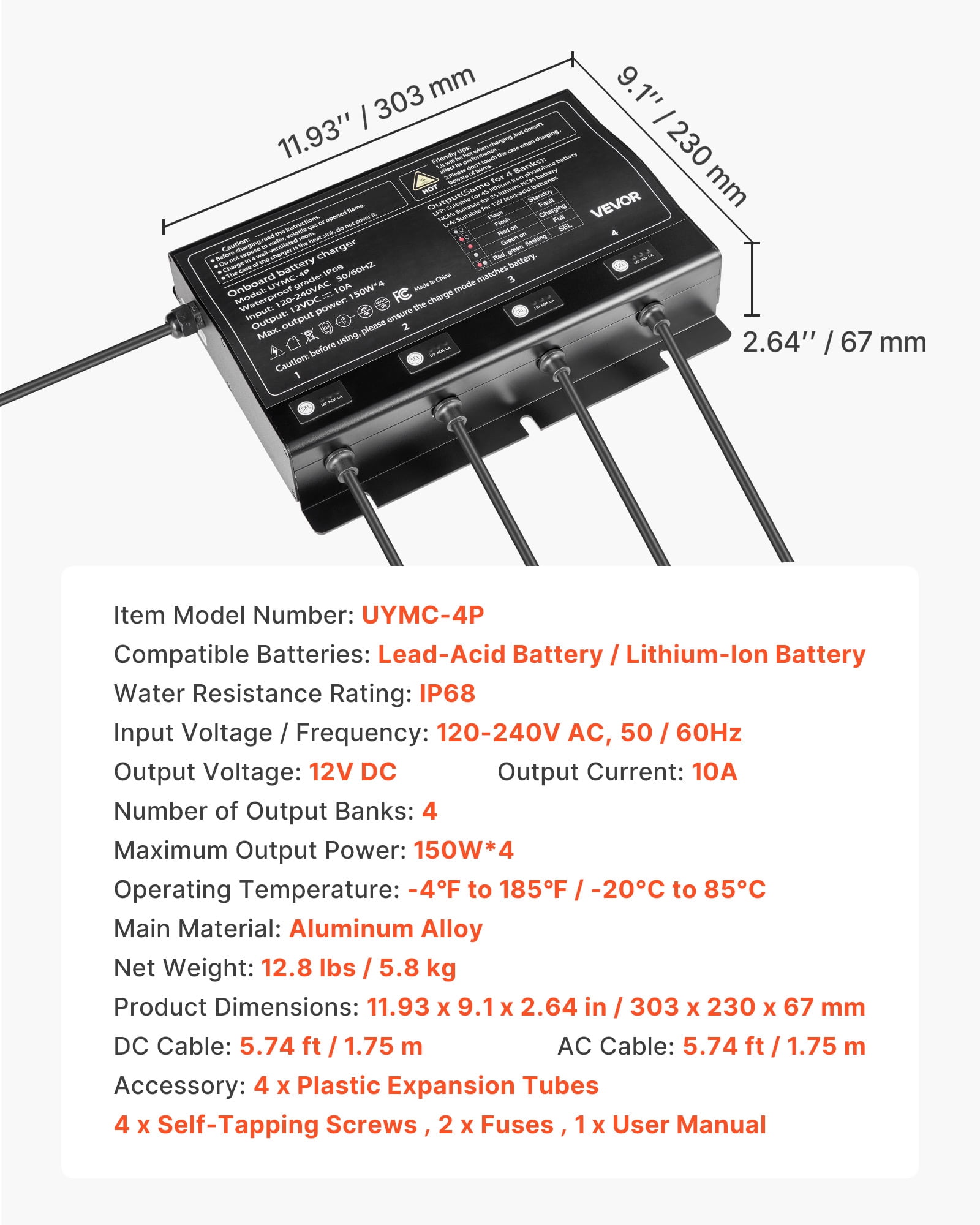 VEVOR Marine Battery Charger, 4-Bank, 10A 12V Onboard Boat Charger, IP68 Waterproof Smart On-Board Battery Charger, for Lithium-Ion (LiFePO4), NCM, Lead-Acid Batteries, Large Boat,Yacht,RV,Trailer