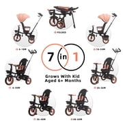 XJD 7-in-1 Toddler Bike with Push Handle for Ages 1-4, Foldable Lightweight Toddler Tricycle Stroller, Convertible Push Trike with Safety Harness, Pink