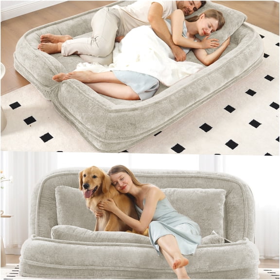 JERFIT 2-in-1 Convertible Floor Sofa Bed, 5-Position Adjustable Loveseat with Plush Pillows for Living Room, Pet Friendly Chenille Futon in Beige