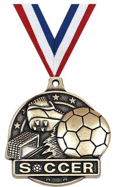 Pack of 10 Express Medals Large 2-1/2 inch Diameter Metal Antique Gold Soccer Star Award Trophy Champion Winner with Red White and Blue Neck Ribbons