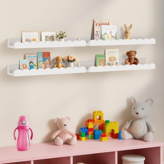 4-Pack Scalloped Shelves, Nursery Shelves for Wall, Floating Nursery Book Shelves for Kids, White
