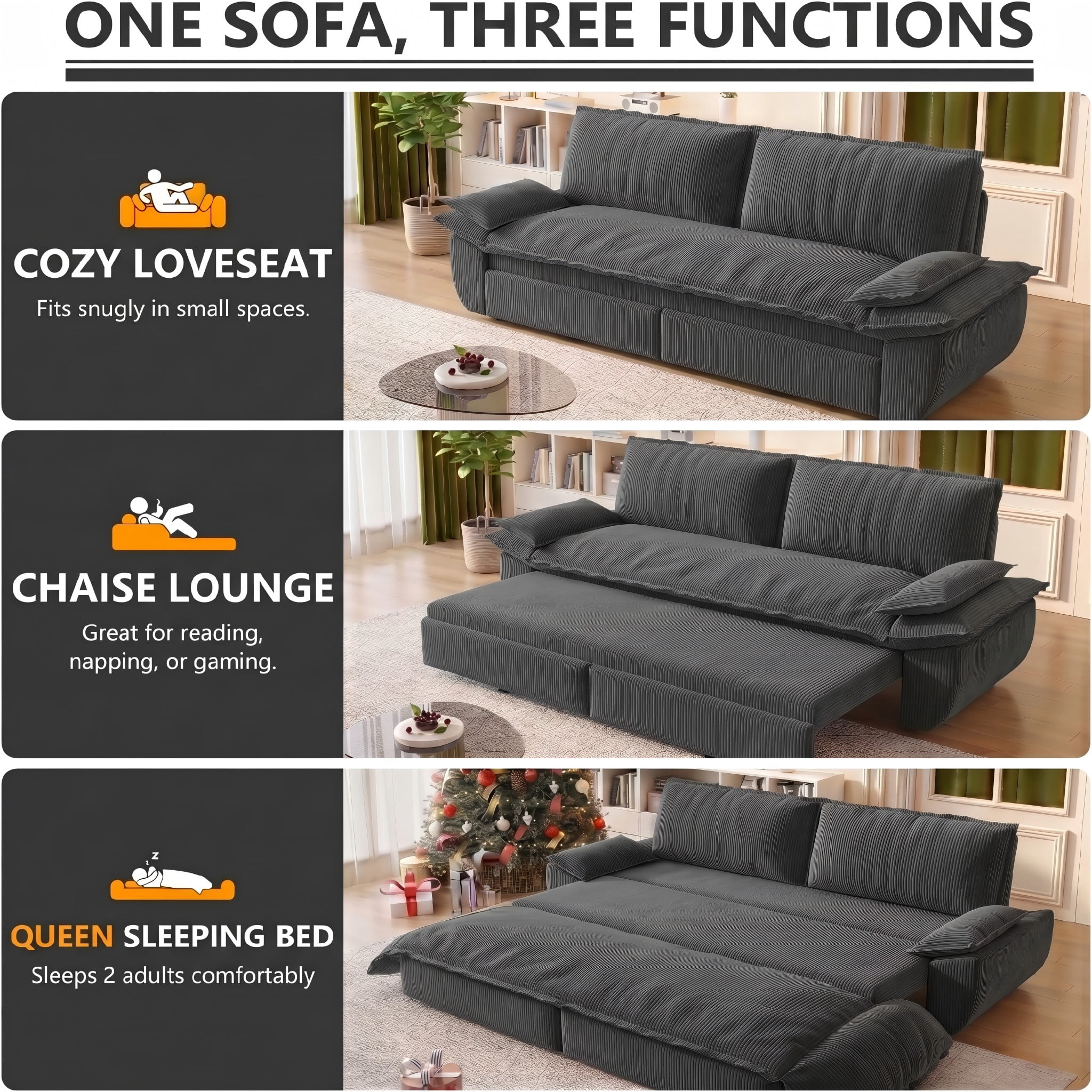 Multi-Functional Corduroy Convertible 3-in-1 Sofa Bed, Queen Size Loveseat Sleeper Couch, Dark Grey