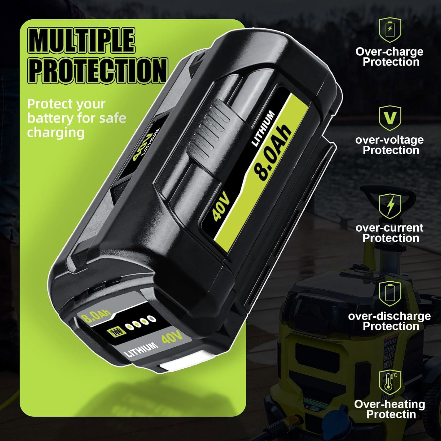 Upgraded 2Pack 8.0Ah Replacement for Ryobi 40V Battery Compatible with OP40201 OP4026 OP4030 OP4040 OP4050 OP4050A OP4060 OP40601 OP40602 OP4060A OP4075A