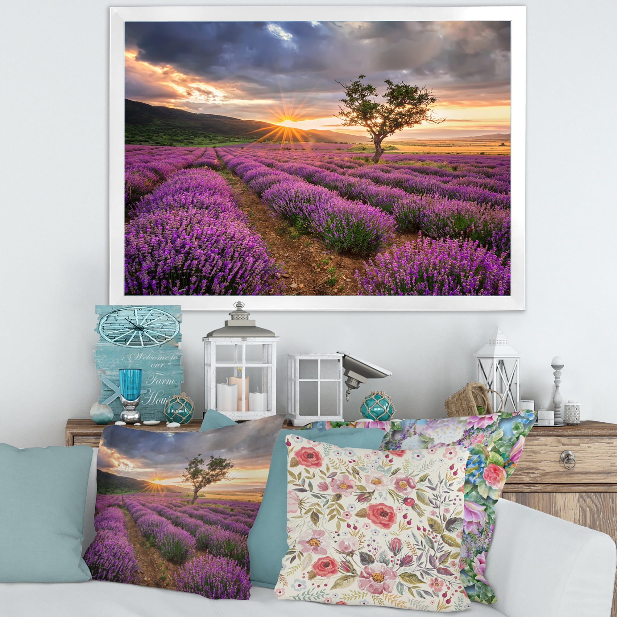 Designart 'Dramatic Clouds and Sunrise Over Lavender Field VIII' Farmhouse Framed Art Print