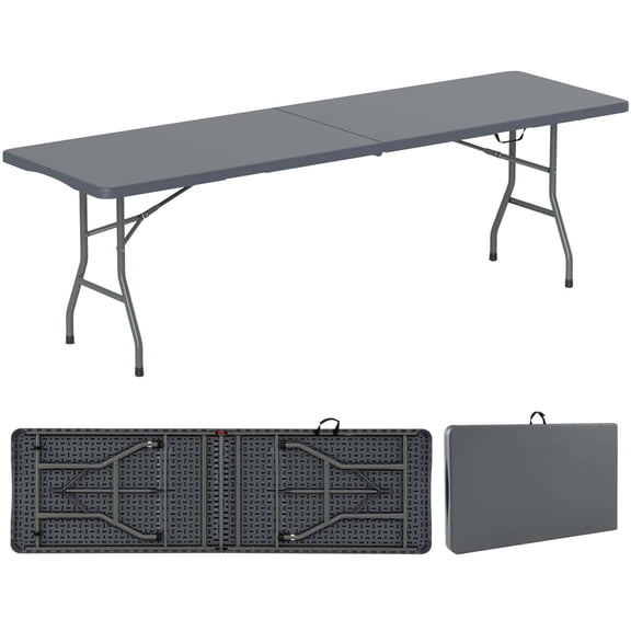 Costway 8 ft Portable Folding Table with HDPE Tabletop Safe Lock Mechanism Carrying Handle Gray