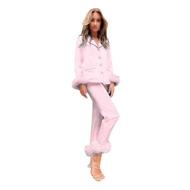 Pyjama en Polyester Rose Couleur Unie Col à Revers Ensemble de Pyjama Long pour Femmes, Haut à Manches Longues + Pantalon Long Ensemble de 2 Pcs
