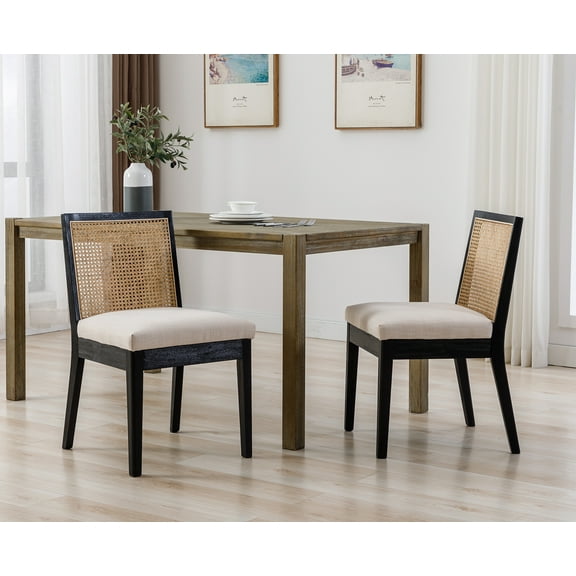 Dayalane Farmhouse Rattan Dining Chairs Set of 2, Mid Century Modern Dining Side Chairs with Black Hardwood Frame, Linen Upholstered French Country Kitchen Chairs for Dining Room Bistro, Beige