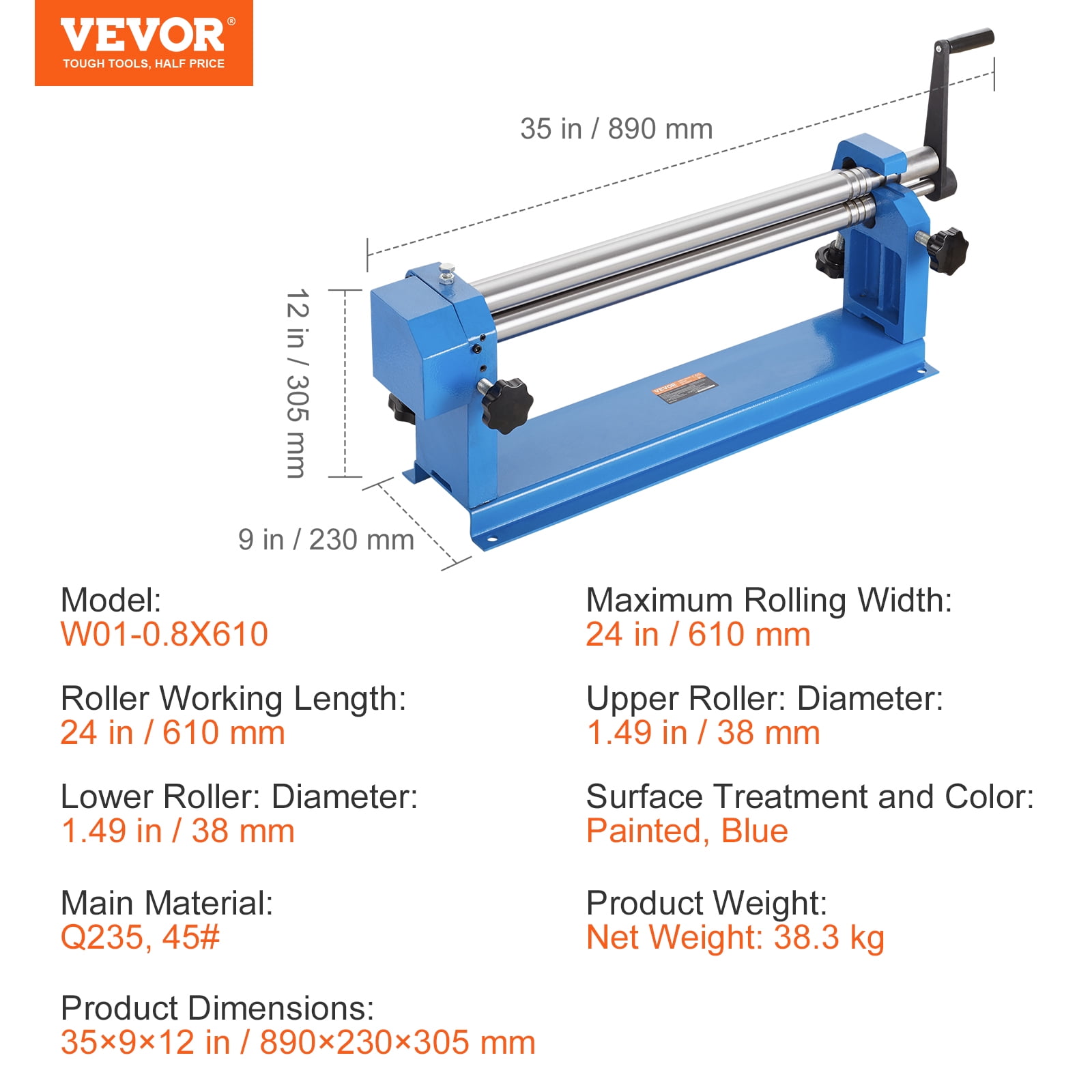 VEVOR Slip Roll Machine,24 inches Forming Width in 16 Gauge Capacity, Sheet Metal Slip Roller Rolling Bending Machine, with 2 Detachable Rollers for Low Carbon Steel Copper Sheet Aluminum Alloy Sheet