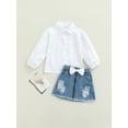 thumbnail image 2 of Seyurigaoka 2Pcs Kids Girls Suit Set, Solid Color Lapel Long Sleeve Shirt+ Ripped Denim Skirt, 2 of 8