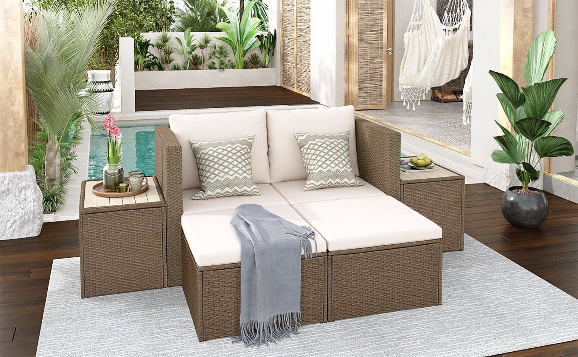 Outdoor 6-Piece Garden Furniture Set, PE Wicker Rattan Sectional Sofa Set with 2 Tea Tables, Brown Wicker+Beige Cushion