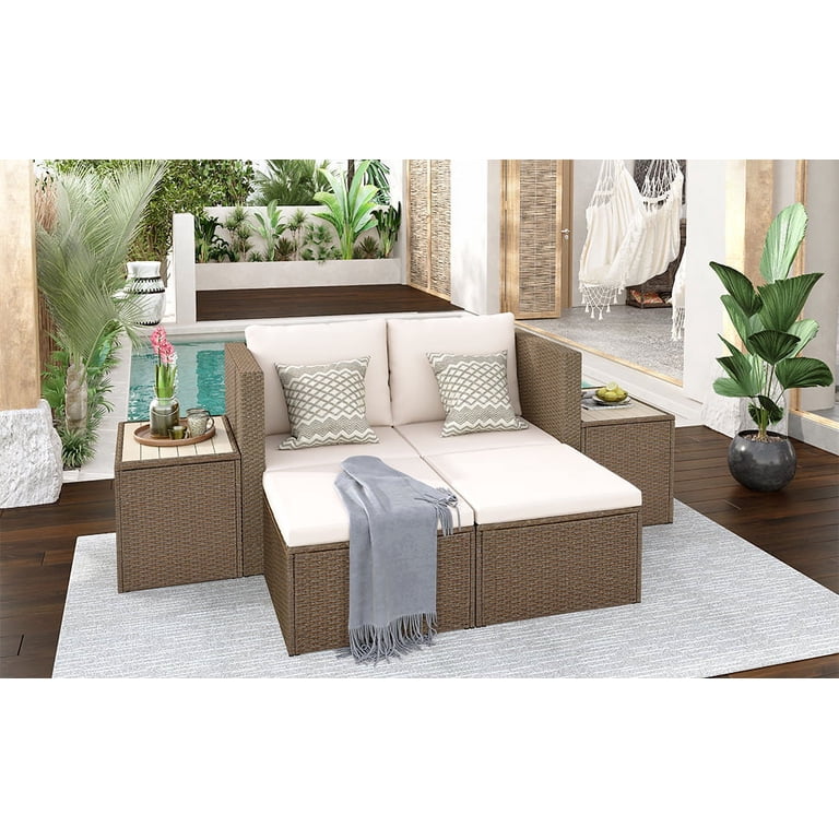 Outdoor 6-Piece Garden Furniture Set, PE Wicker Rattan Sectional Sofa Set with 2 Tea Tables, Brown Wicker+Beige Cushion