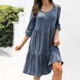 thumbnail image 2 of Vestido de manga larga Cuello redondo Dobladillo suelto Vestido de fibra de poliéster de un solo pecho Vestido de color puro Vestido casual de mujer para la vida diaria Gris Azul S, 2 of 5