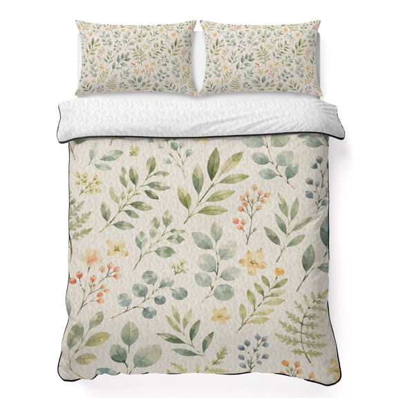 King Quilt Bedding Set Retro Autumn Green Leaves Summer Quilt Lightweight Quilted Coverlet with 2 Pillow Shams, Watercolor Fall Foliage 3-Piece Bedspread Quilt Set for All Season