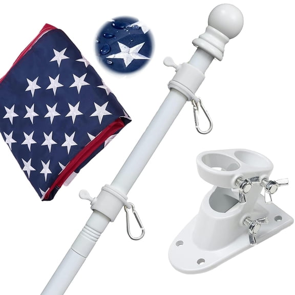AEASKIEY White Flagpole with 3×5 Embroidered American Flag and Bracket, Heavy Duty Stainless Steel with Two No-Tangle Ball, 5ft