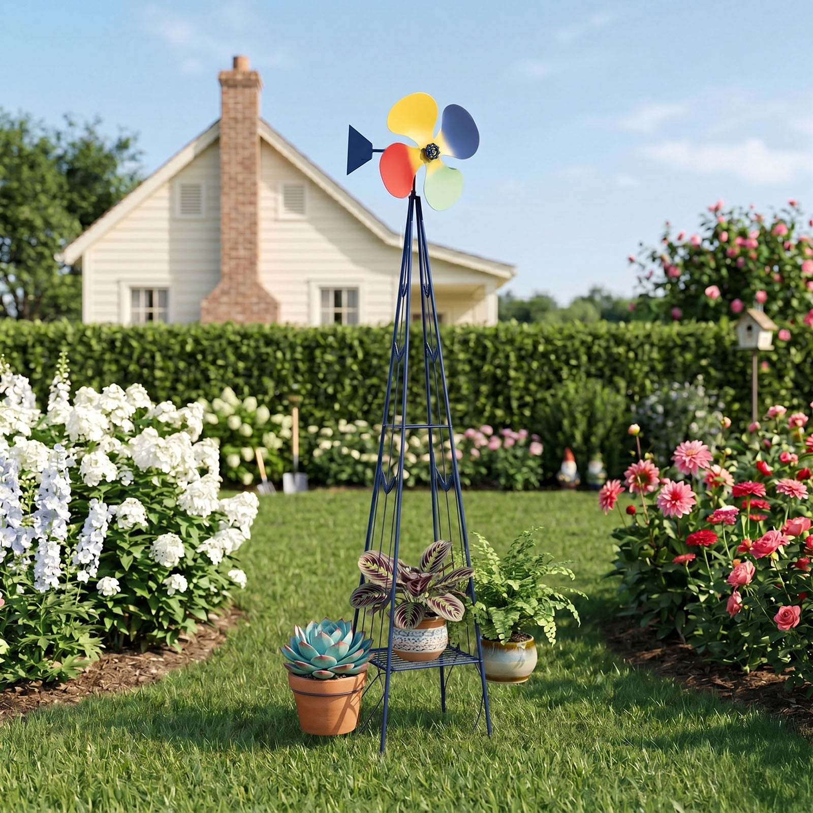 6.2ft 4-Blade Iron Windmill with 4-Leg Stand and Storage Shelf, Dark Blue