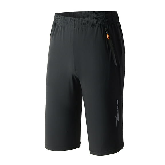 SWSMCLT Men's Athletic Workout Long Shorts Below Knee Length Elastic Waist Capri Quick Dry with Zipper Pocket Hiking Running Gym Summer Black 32
