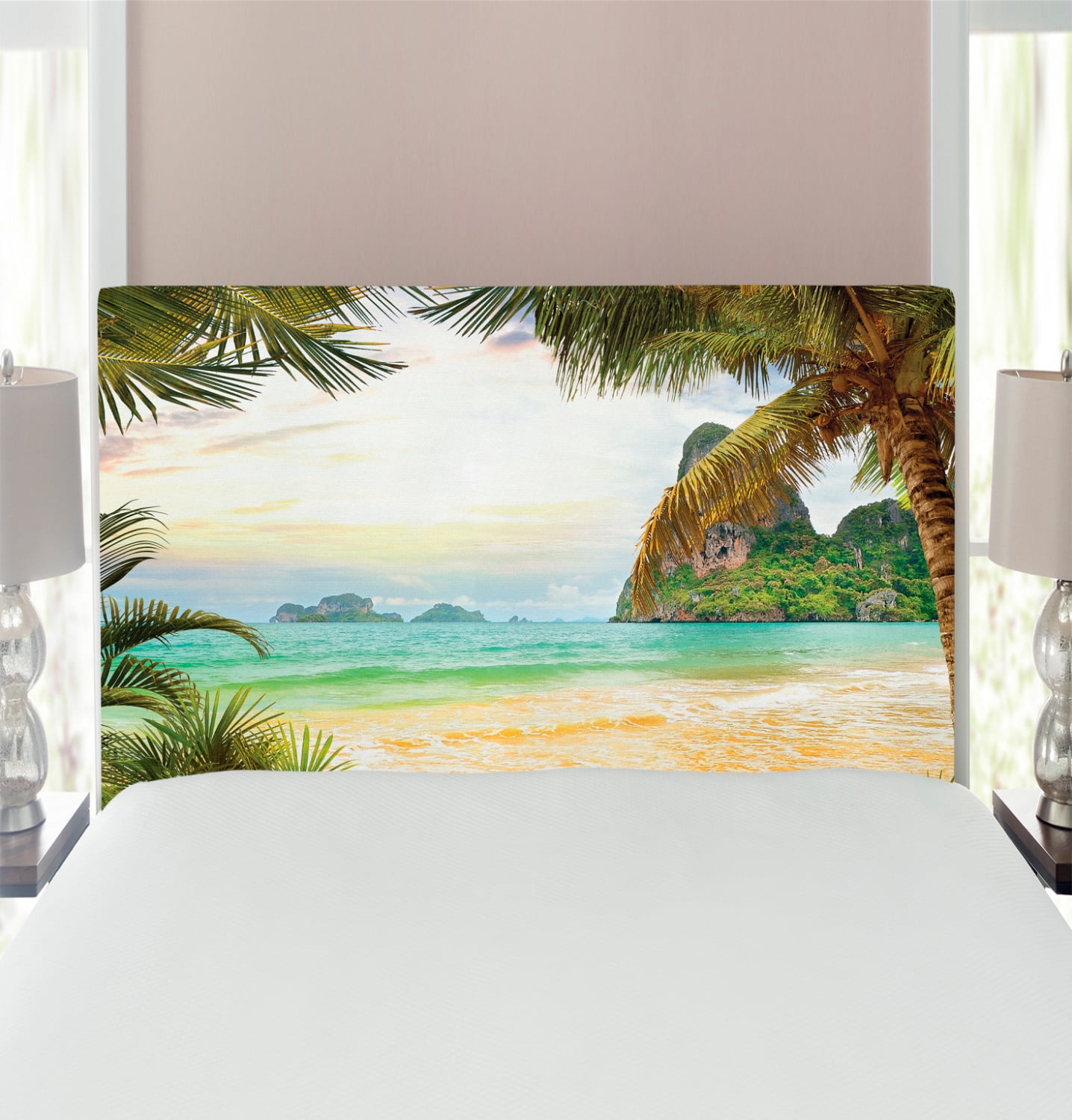Ocean Headboard, Palm Coconut Trees and Ocean Waves Mountains on ...