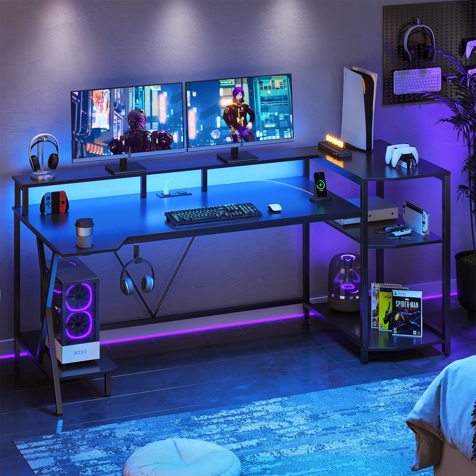 Black Gaming Desk with LED Lights and Storage Shelves, 70.8'' Computer