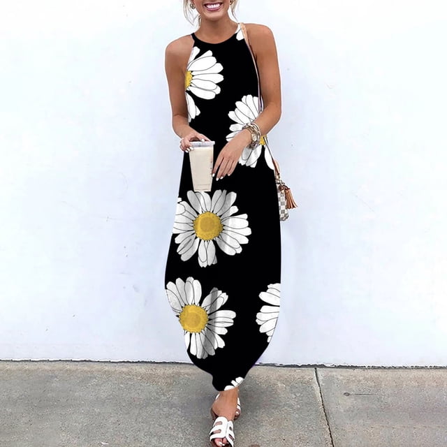SMihono Robe Maxi Bohème d'Été pour Femmes Grande Taille Robe d'Été Décontractée pour Femmes Sans Manches à Col Licou Jupe à Bretelles Fendue Robe Maxi à Imprimé Robe de Plage Évasée