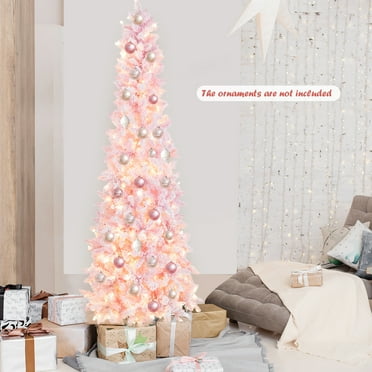 Gymax 7FT Pre-Lit Flocked Christmas Pencil Snow Tree Holiday Decor Tree w/ LED Lights