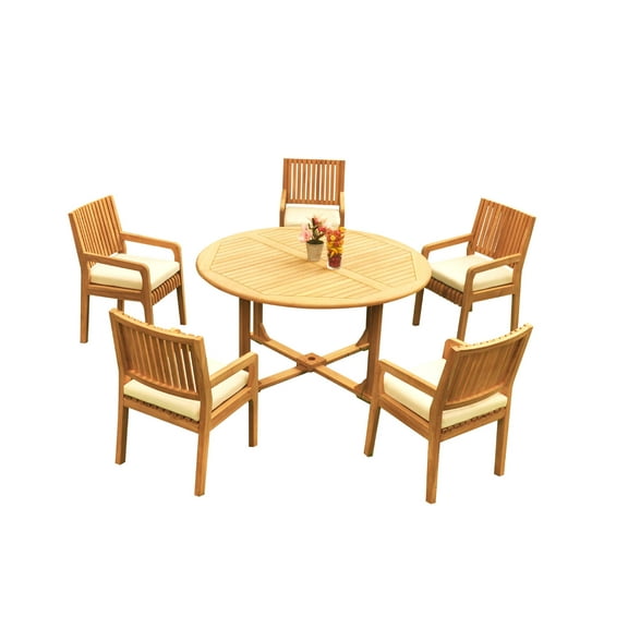Grade-A Teak Dining Set: 5 Seater 6 Pc: 60" Round Table And 5 Maldives Arm Chairs Outdoor Patio WholesaleTeak #51ML1206