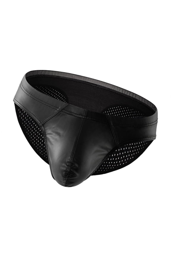 Fashionable Men's Faux Leather Thongs Low Rise Mesh Back Briefs Lingerie Underwear Boxers Shorts Bulge Pouches Panties