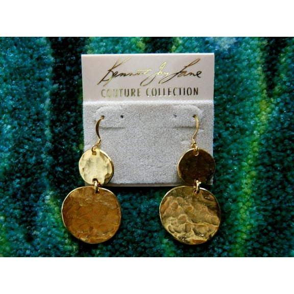 Kenneth Jay Lane Satin Gold Plated Hammered Coin Drop Fishhook Pierced Earrings