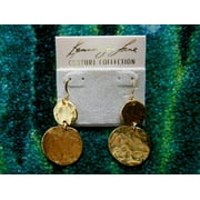 Kenneth Jay Lane Satin Gold Plated Hammered Coin Drop Fishhook Pierced Earrings