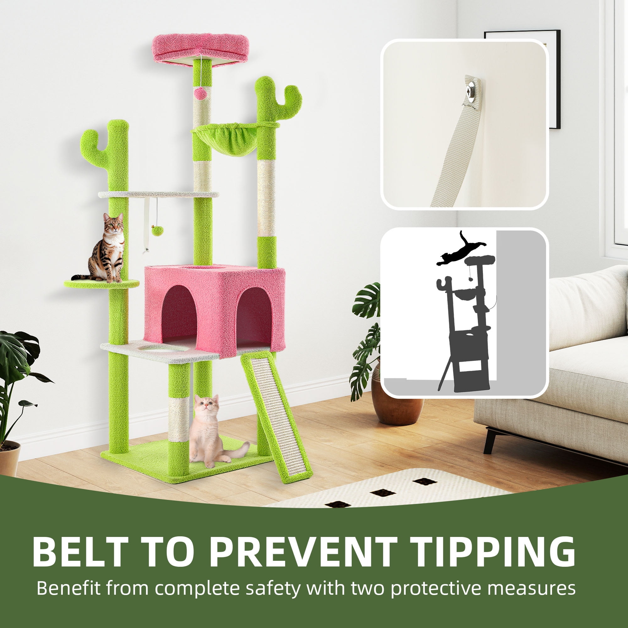 Uforic 68"  Tall Cactus Cat Tree, Multi-Level Large Indoor Cat Tower with Sisal Post, Hanging Balls, Green & Pink