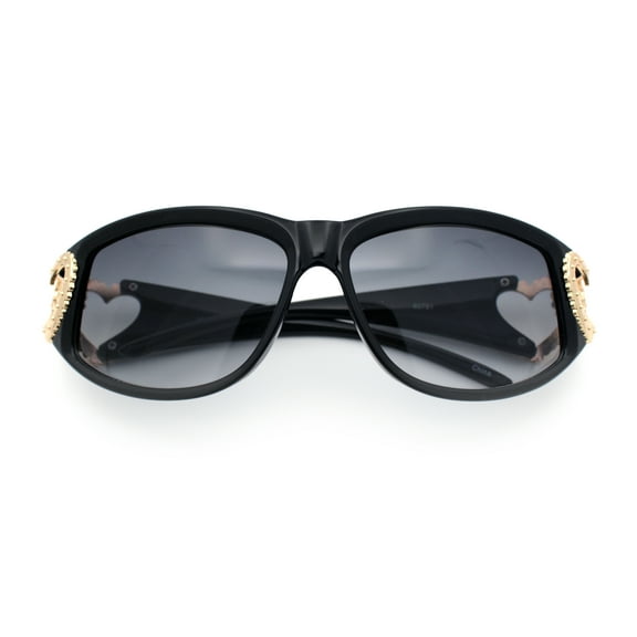 Womens Diva Wrap Around Double Heart Jewel Hinge Plastic Fashion Sunglasses Black Gold - Smoke