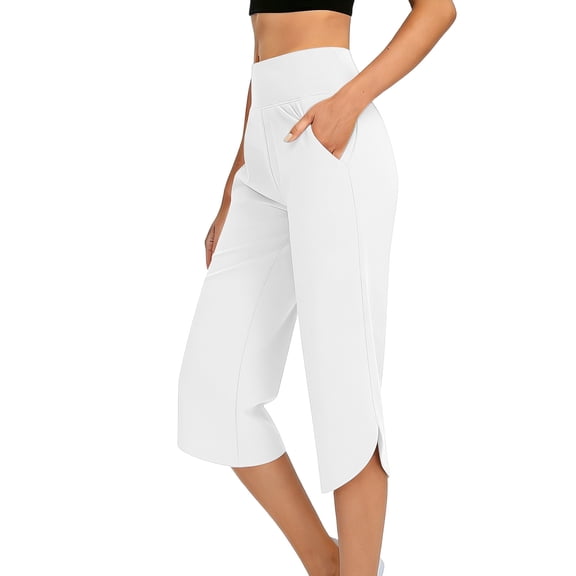 AherBiu Yoga Capri Pants for Women High Waisted Loose Fitted Slit Hem Stretch Athletic Workout Capris with Pockets