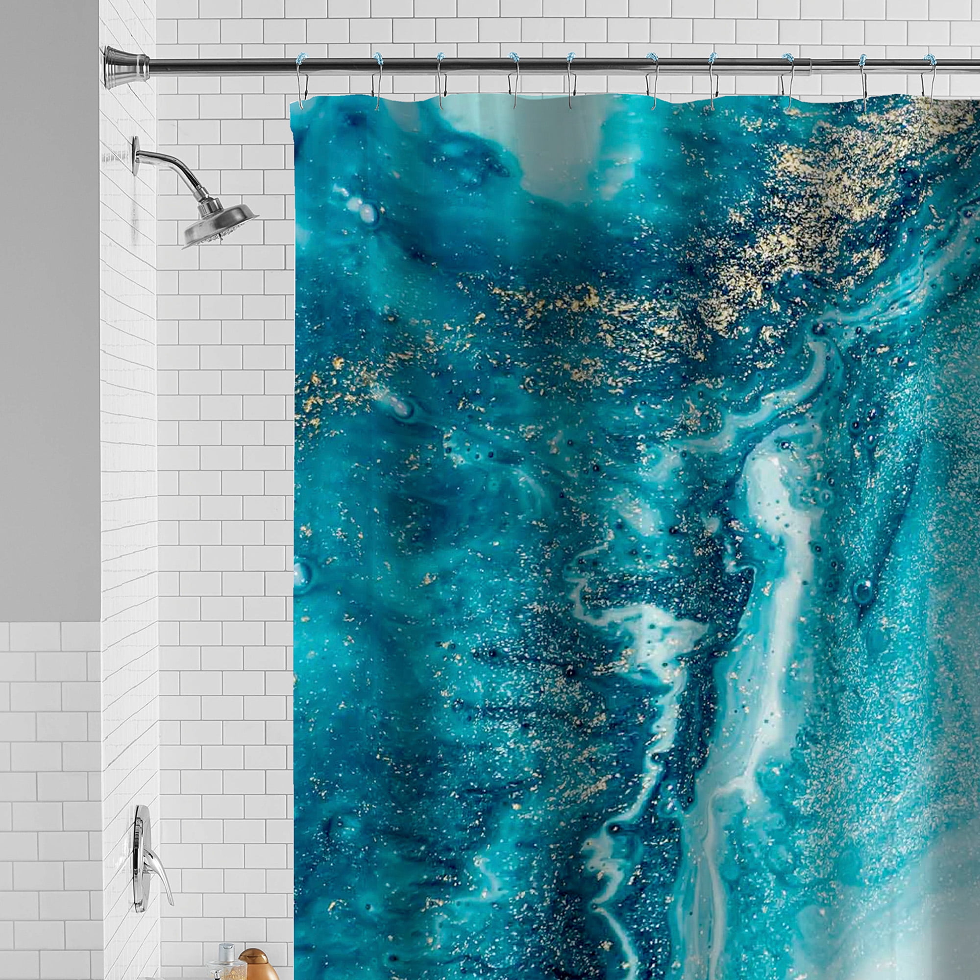 Mainstays Waterproof Watercolor Marble 30% Recycled PEVA Shower Curtain Set with Hooks, 13-Piece, Blue