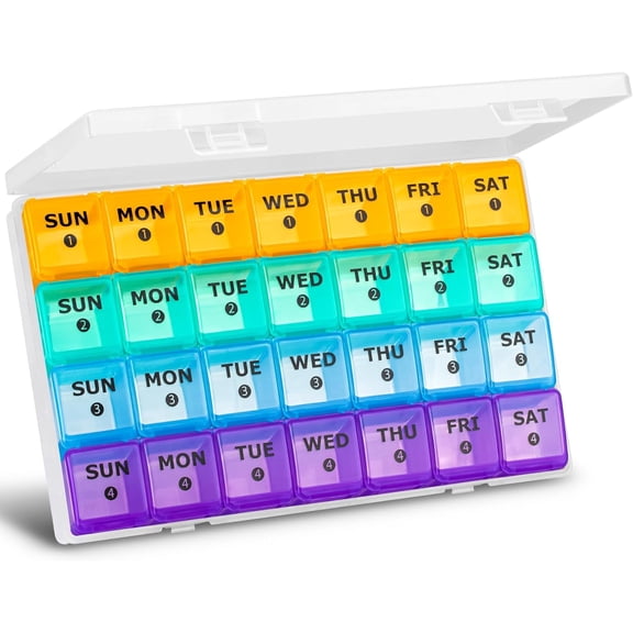 XL Large Monthly Pill Organizer 4 Weeks, 28 Day Weekly, Big Compartment with Travel Case, 7 Dispenser Times a Day, Medicine Box for Vitamin, Fish Oil