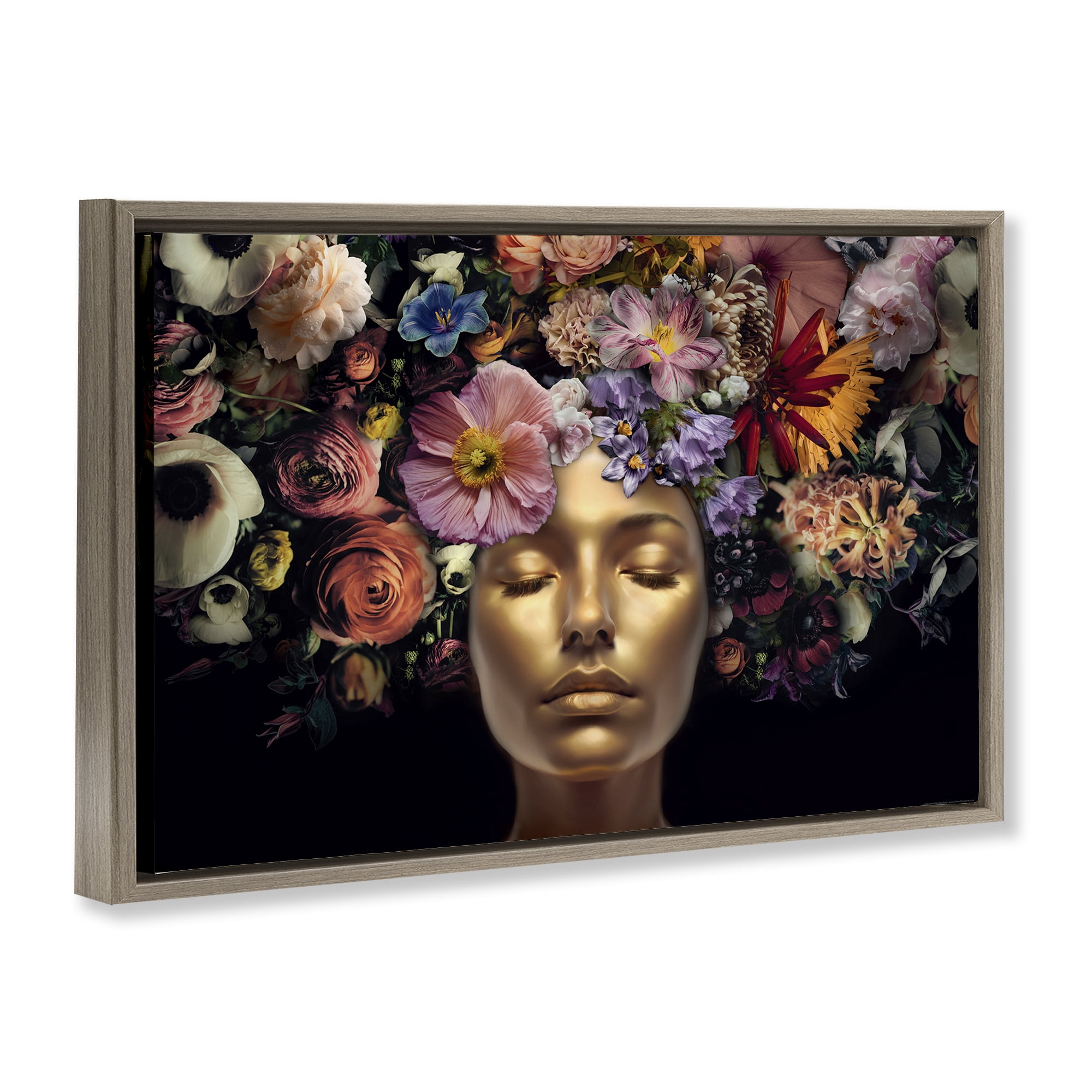 Stupell Industries Gold Face with Flowers Plants & Flowers Painting Brown Floater Framed Canvas Art Print Wall Art, 25 x 17
